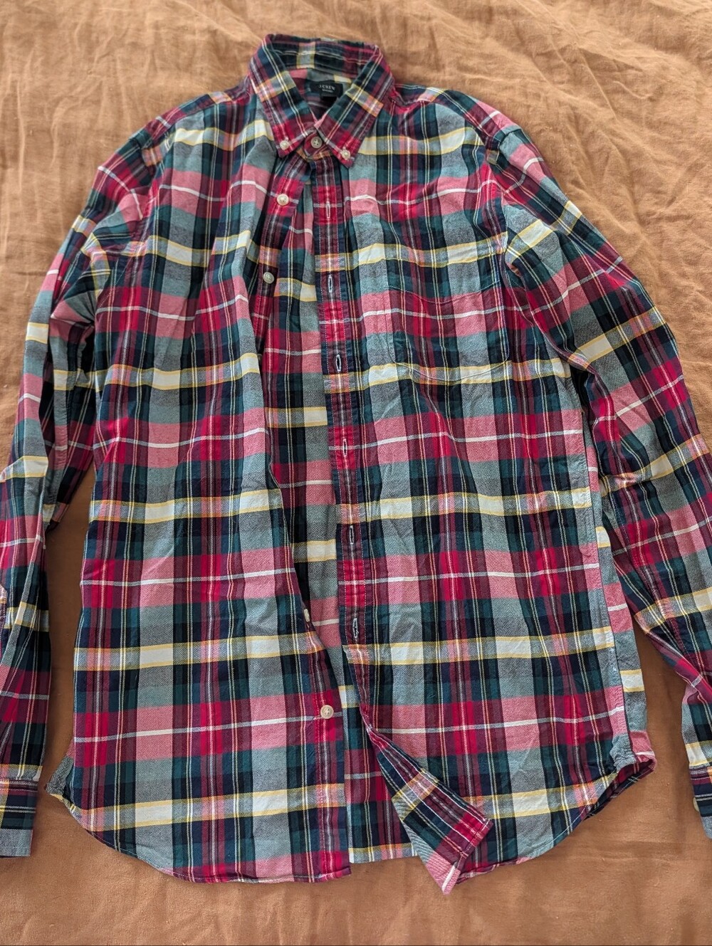J. Crew Plaid Oxford Button-Down in Red, Green & Yellow - Medium Tall